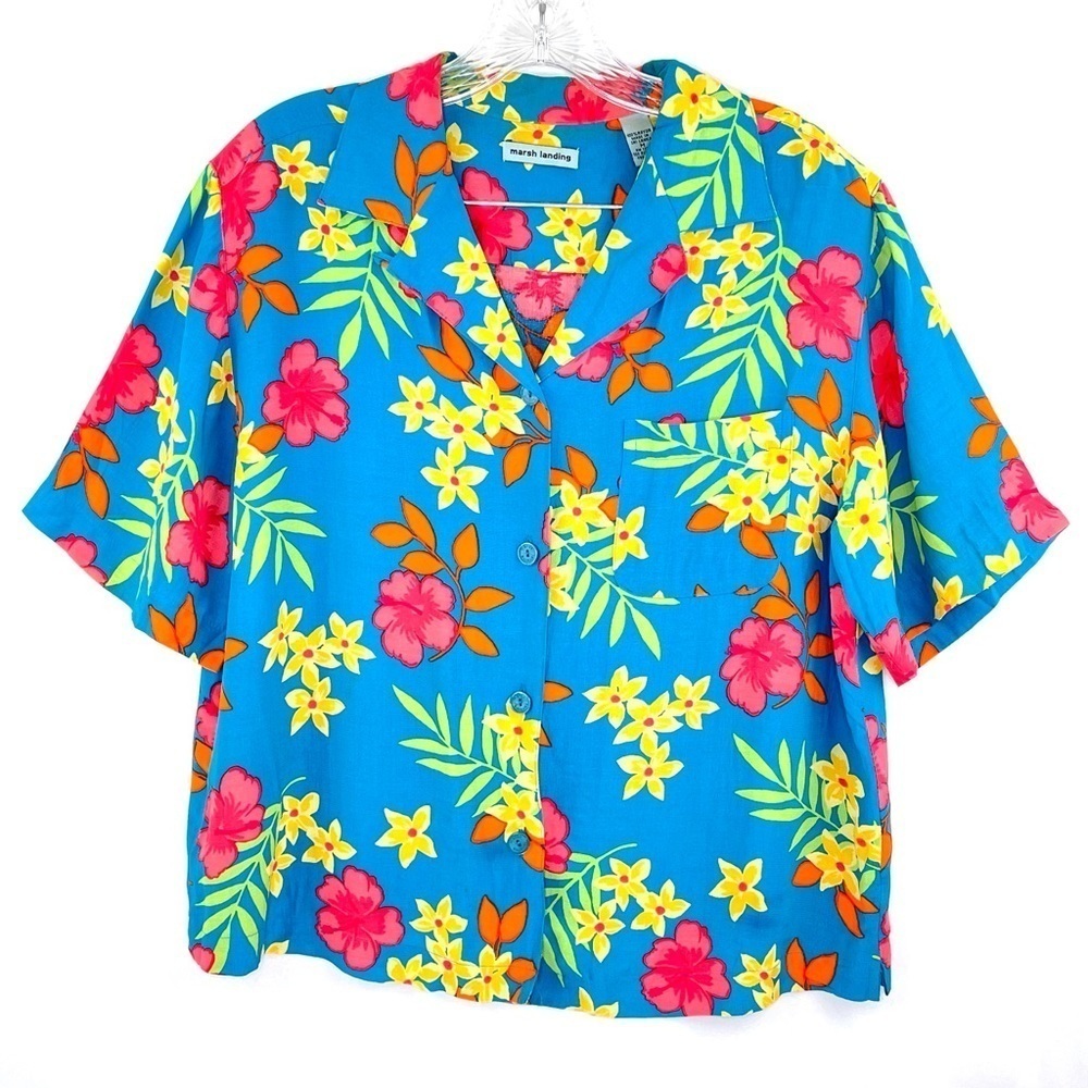 Marsh Landing Vintage Hawaiian Floral Print Bright Button Up Shirt Size M